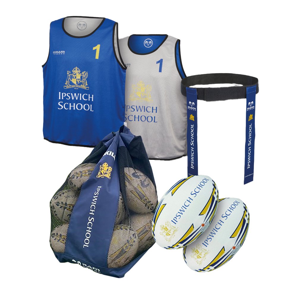 Set of customizable Ram Rugby training balls, bibs, and tag belts in vibrant colors for match and practice sessions.