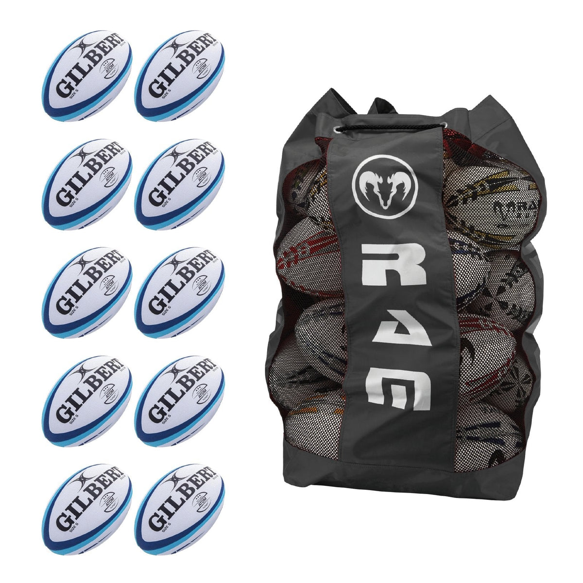 Gilbert Atom Match Rugby Ball Bundle 10 Pack With Breathable Bag – RAM ...