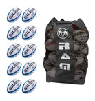 Ten Gilbert Atom size 5 match rugby balls bundled with a durable breathable bag for easy storage and transport