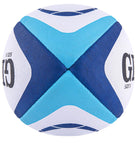Ten Gilbert Atom size 5 match rugby balls arranged with the black breathable Gilbert ball bag on a white background