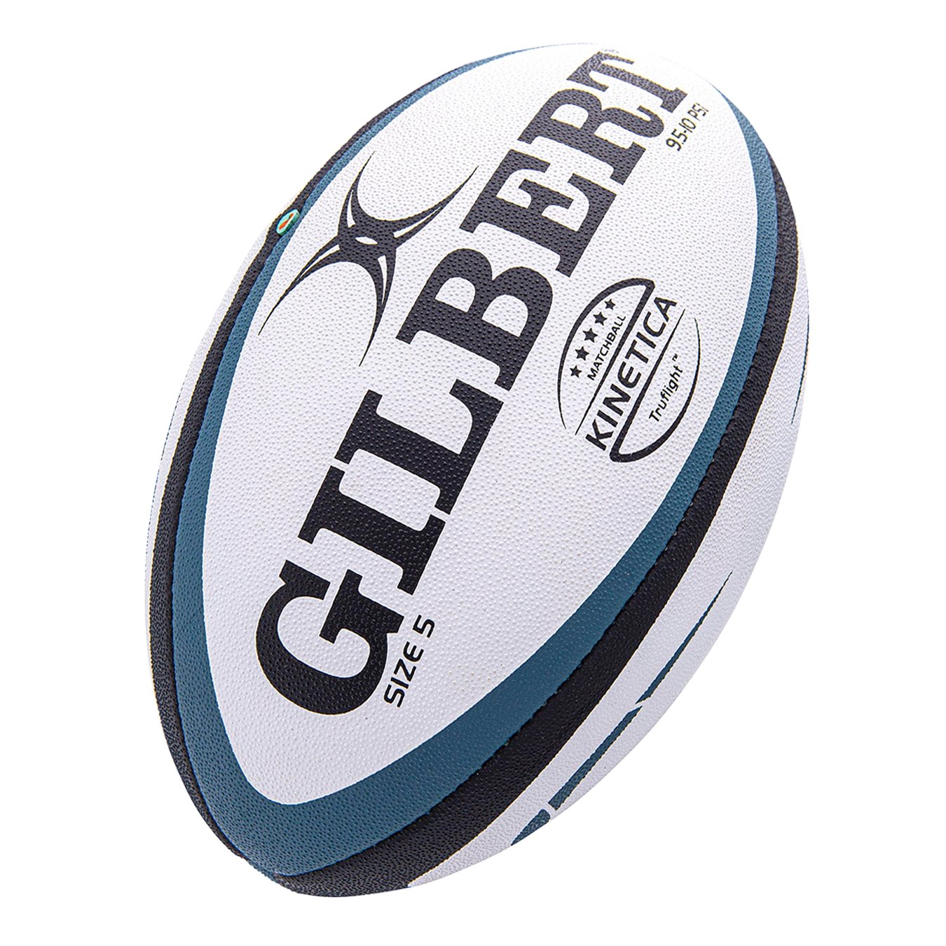 Gilbert Kinetica Elite Size 5 hand-stitched rugby ball with textured grip and white, black, and red panel design for match play