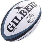 Stack of 10 Gilbert Kinetica rugby match balls inside a breathable black storage bag, designed for club-level play and durability