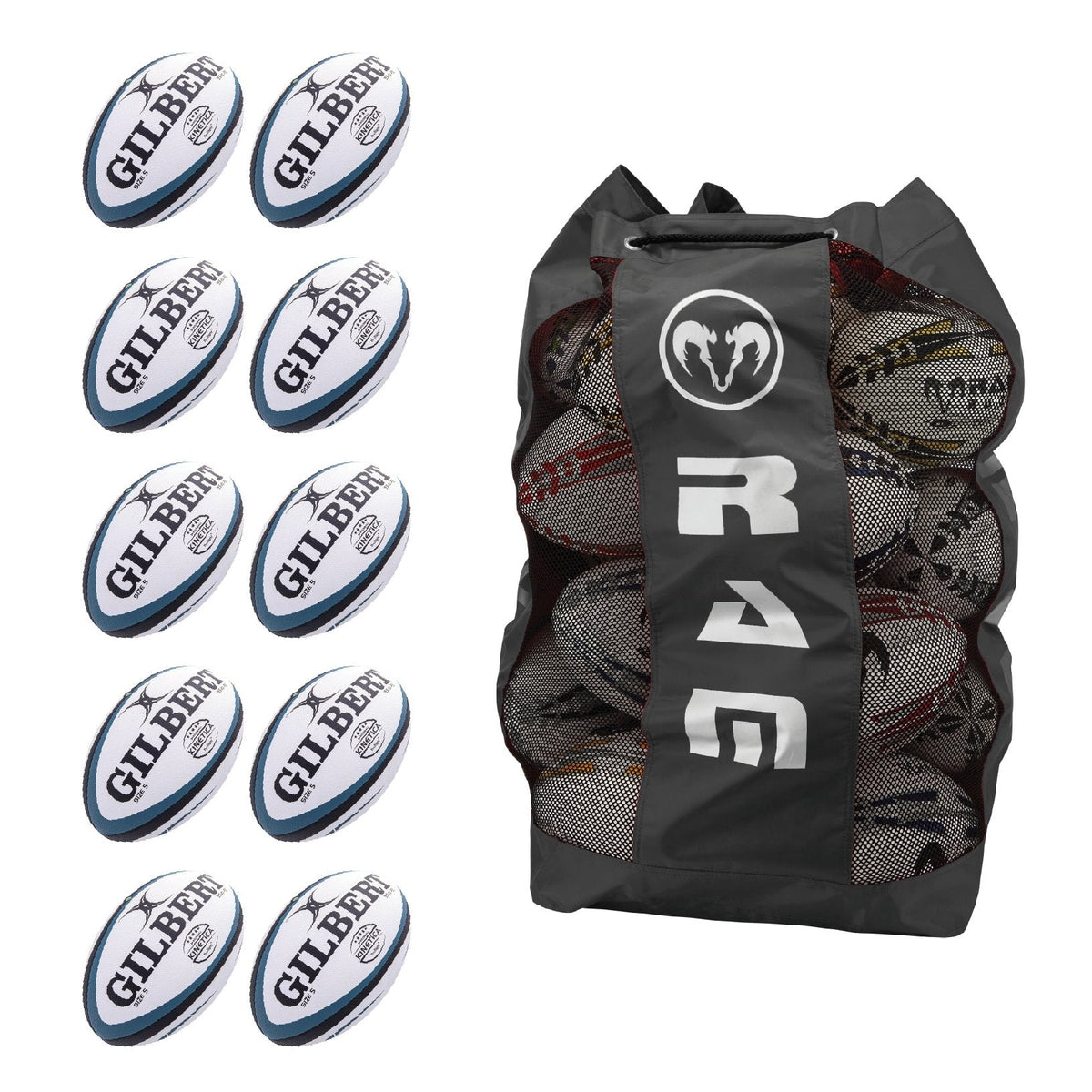 Gilbert Kinetica Rugby Match Ball Bundle 10 Balls with Breathable Bag ...