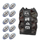Ten Gilbert Omega Blue match rugby balls neatly stacked with a breathable bag for training and match play storage