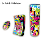 Ram Rugby Graffiti Design Squad Trainer Ball close-up showing durable 3-ply polycotton rubber laminate construction and vibrant graffiti pattern