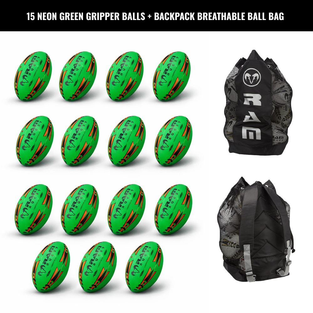 Ram Rugby Gripper 2.0 Pro Trainer Neon Ball Bundle 15 Bälle mit 1 Tasche