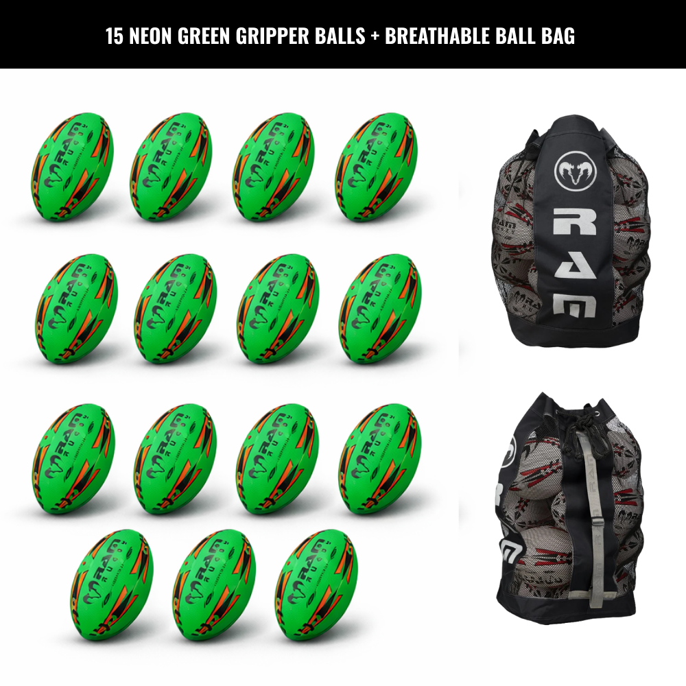 Ram Rugby Gripper 2.0 Pro Trainer Neon Ball Bundle 15 Bälle mit 1 Tasche