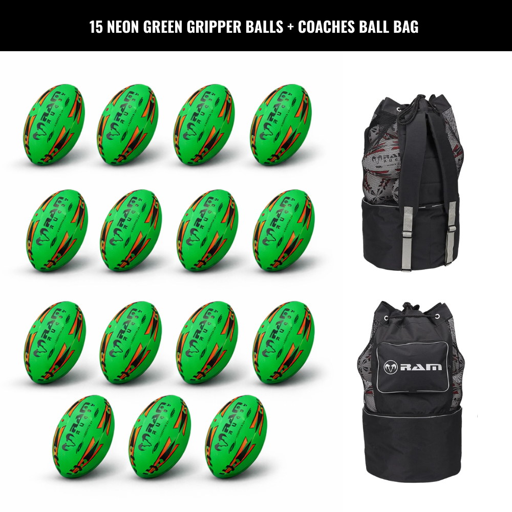 Ram Rugby Gripper 2.0 Pro Trainer Neon Ball Bundle 15 Bälle mit 1 Tasche