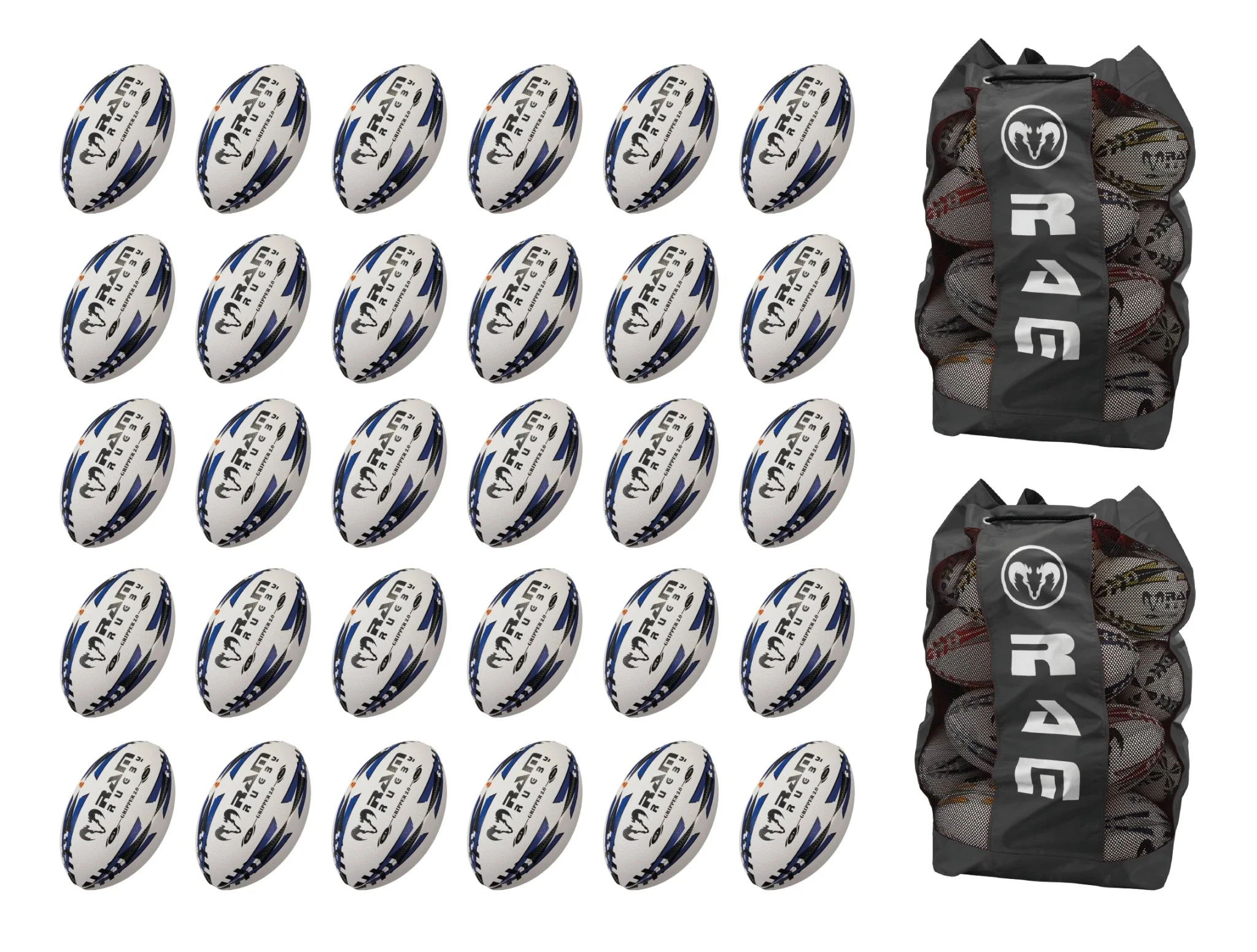 Ram Rugby Gripper 2.0 Pro Trainer Rugbyball Bundle 30 Bälle 2 Taschen