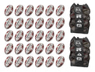 Thirty Ram Rugby Gripper 2.0 Pro Trainer rugby balls stacked with two breathable black storage bags for ball transport.