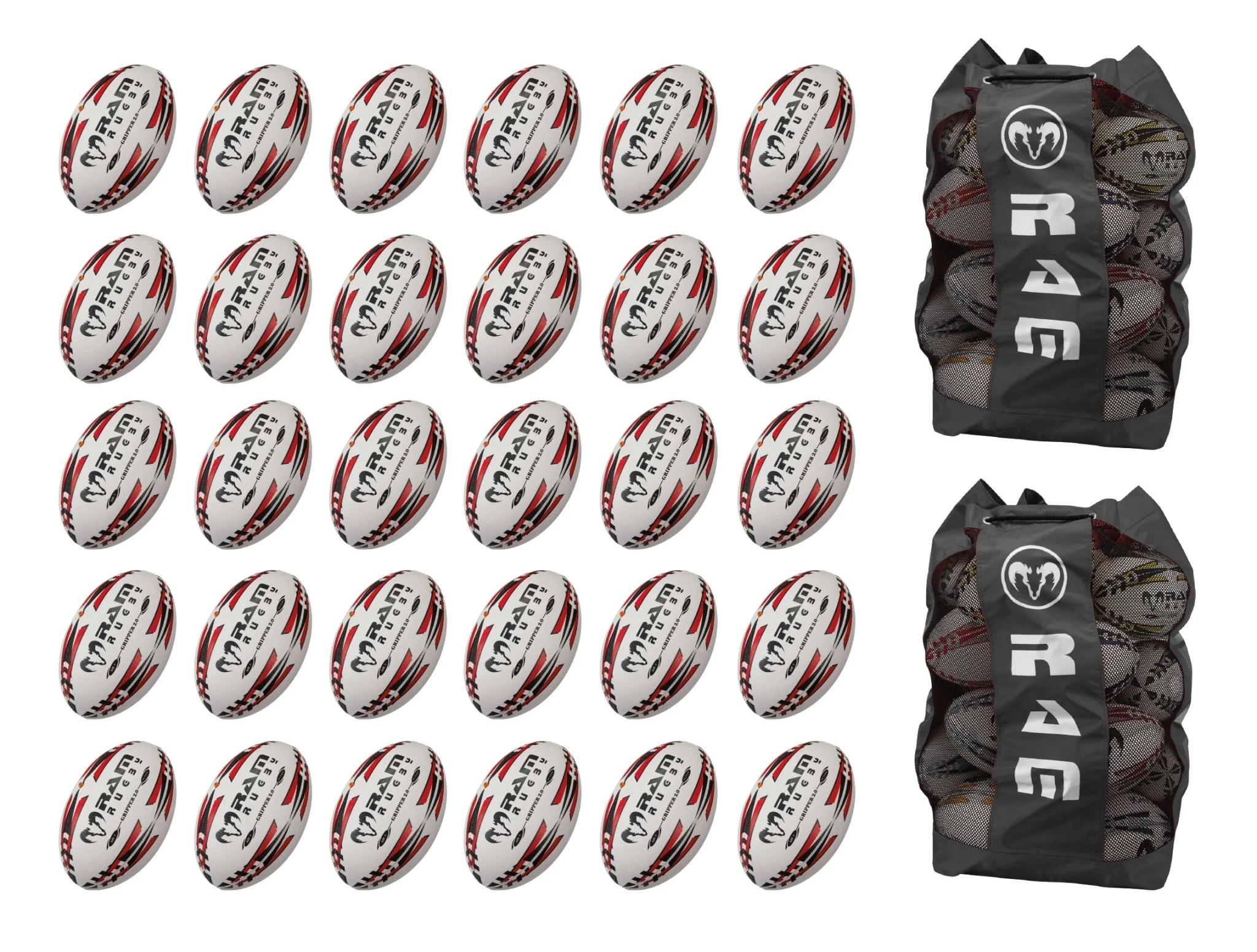 Ram Rugby Gripper 2.0 Pro Trainer Rugbyball Bundle 30 Bälle 2 Taschen