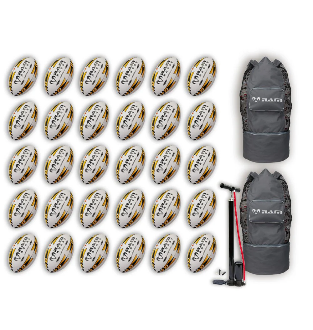 Ram Rugby Gripper 2.0 Pro Trainer Rugbyball Bundle 30 Bälle 2 Taschen