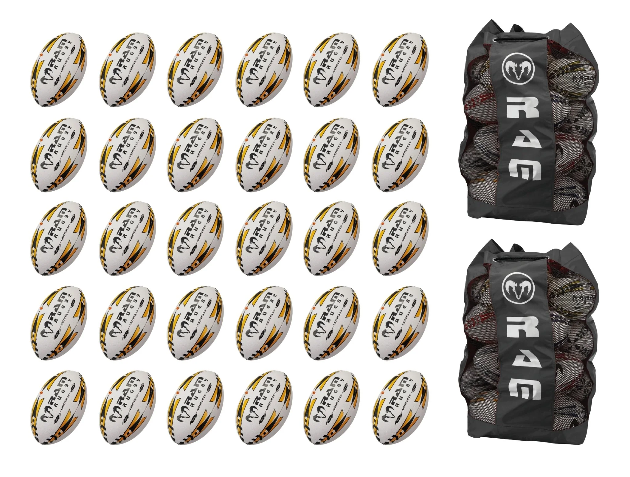 Ram Rugby Gripper 2.0 Pro Trainer Rugbyball Bundle 30 Bälle 2 Taschen