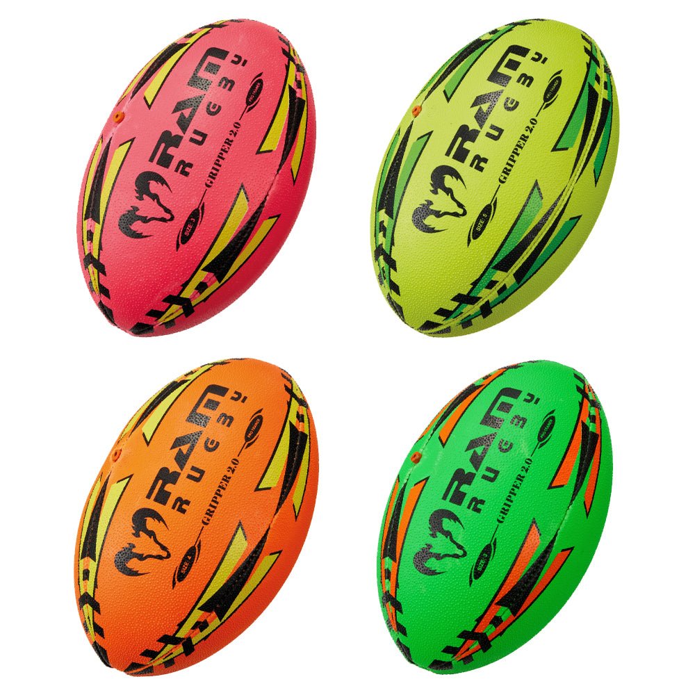 Ram Rugby Gripper 2.0 Neon Pro Trainer Ball in bright yellow with 3D grip texture, designed for junior rugby training sessions