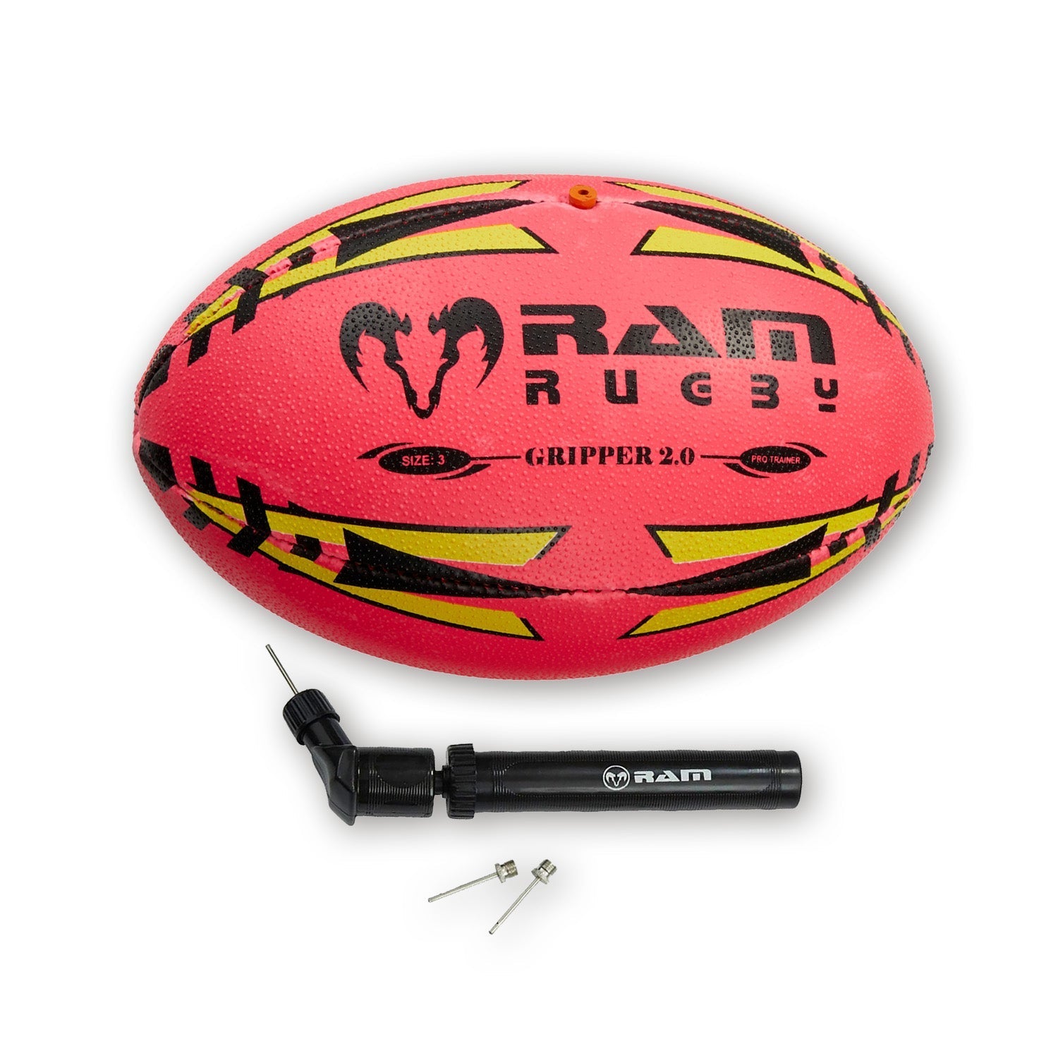 Ram Rugby Gripper 2.0 Neon Pro Trainer Ball in vibrant yellow with 3D grip texture, designed for junior rugby training sessions
