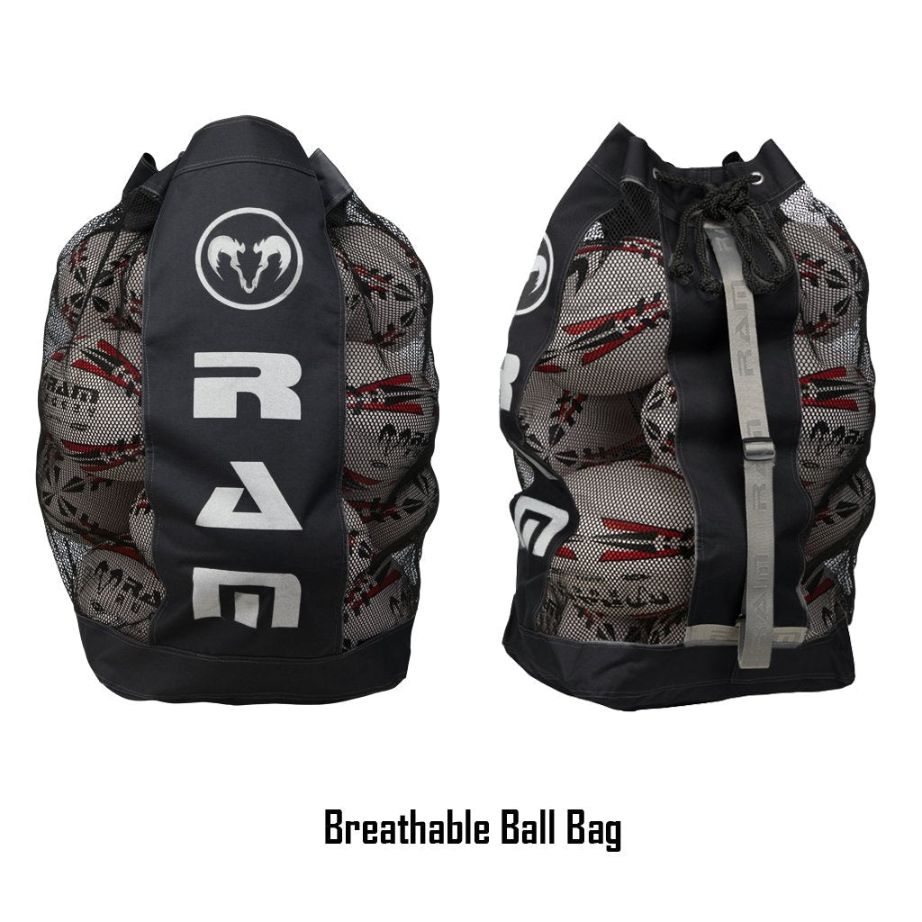Stacked Ram Rugby Gripper 2.0 Pro Trainer neon rugby balls in yellow, orange, and green with two breathable carrying bags