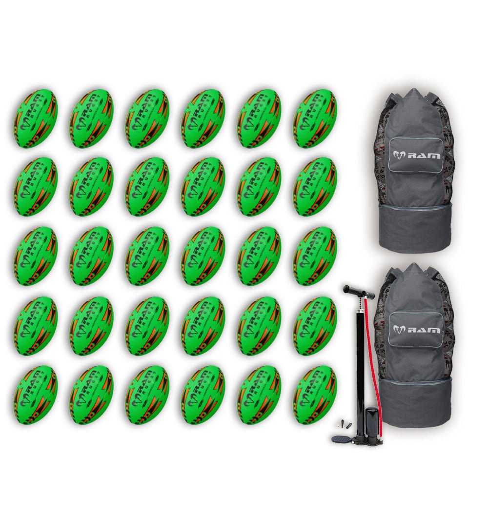 Ram Rugby Gripper 2.0 Pro Trainer neon yellow, orange, and green rugby balls stacked with two black breathable ball bags.