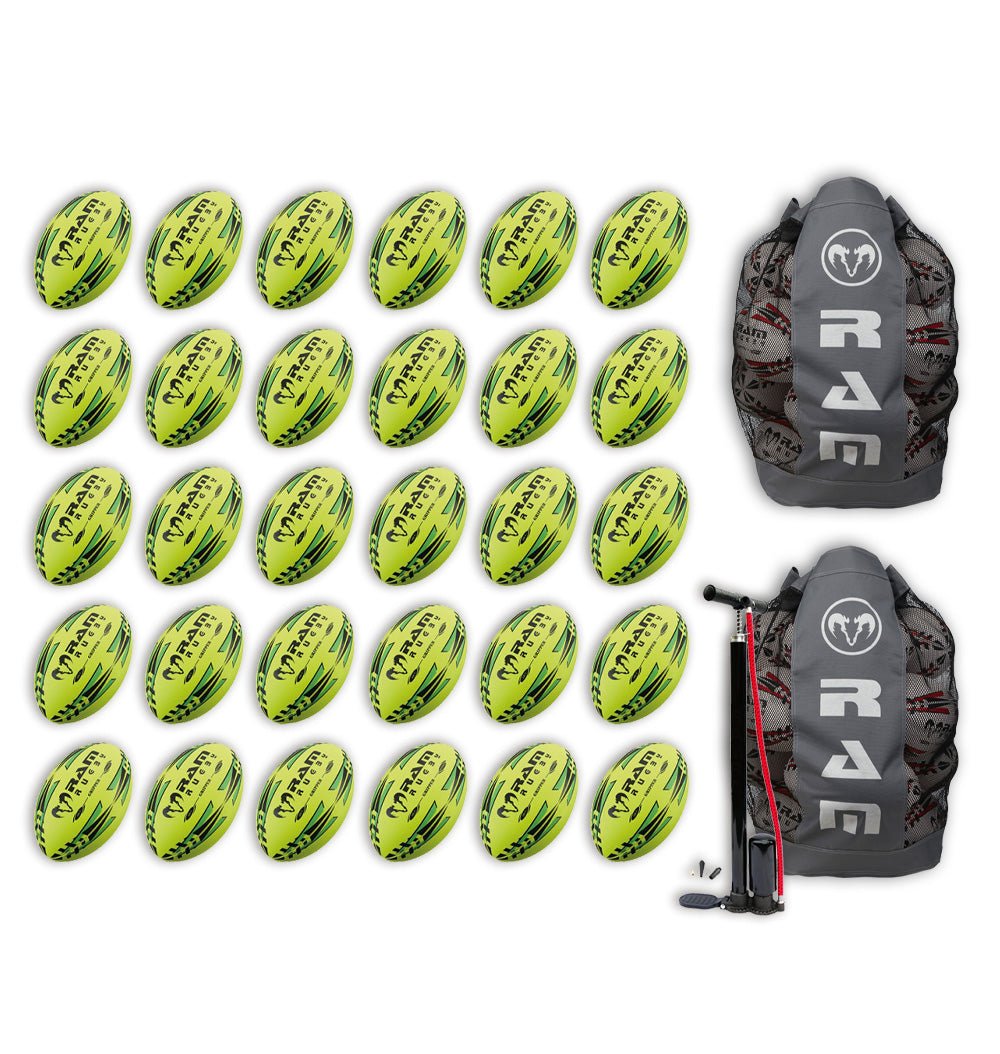 Stacked Ram Rugby Gripper 2.0 Pro Trainer neon rugby balls in yellow, orange, and green with two breathable storage bags