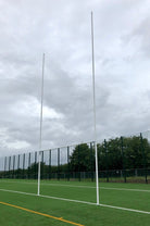 Ram Rugby 11m aluminium hinged rugby goal posts set with white uprights and crossbar support for outdoor fields