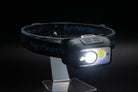 Nightsearcher Lightwave 520 rechargeable head torch showing adjustable strap and dual beam LED lights for outdoor use