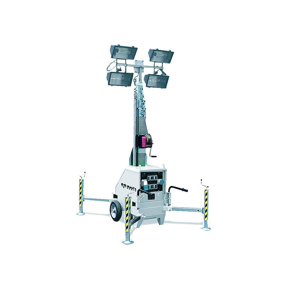 Ram Rugby LinkTower 7m mobile floodlights with manual mast and four 400W metal halide lamps in outdoor setup