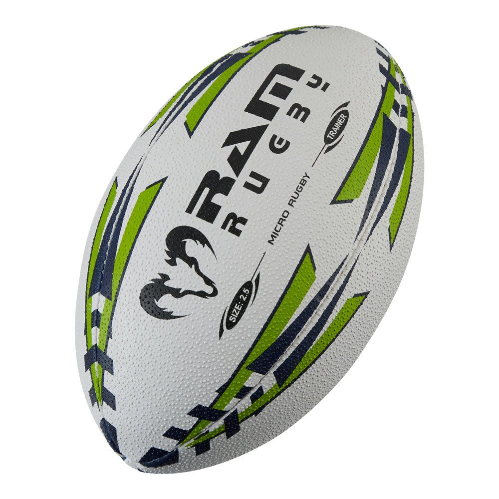 Ram Rugby Micro Rugby Trainer Ball Size 2.5 in bright yellow with 3D grip, designed for kids ages 4-6 for training use