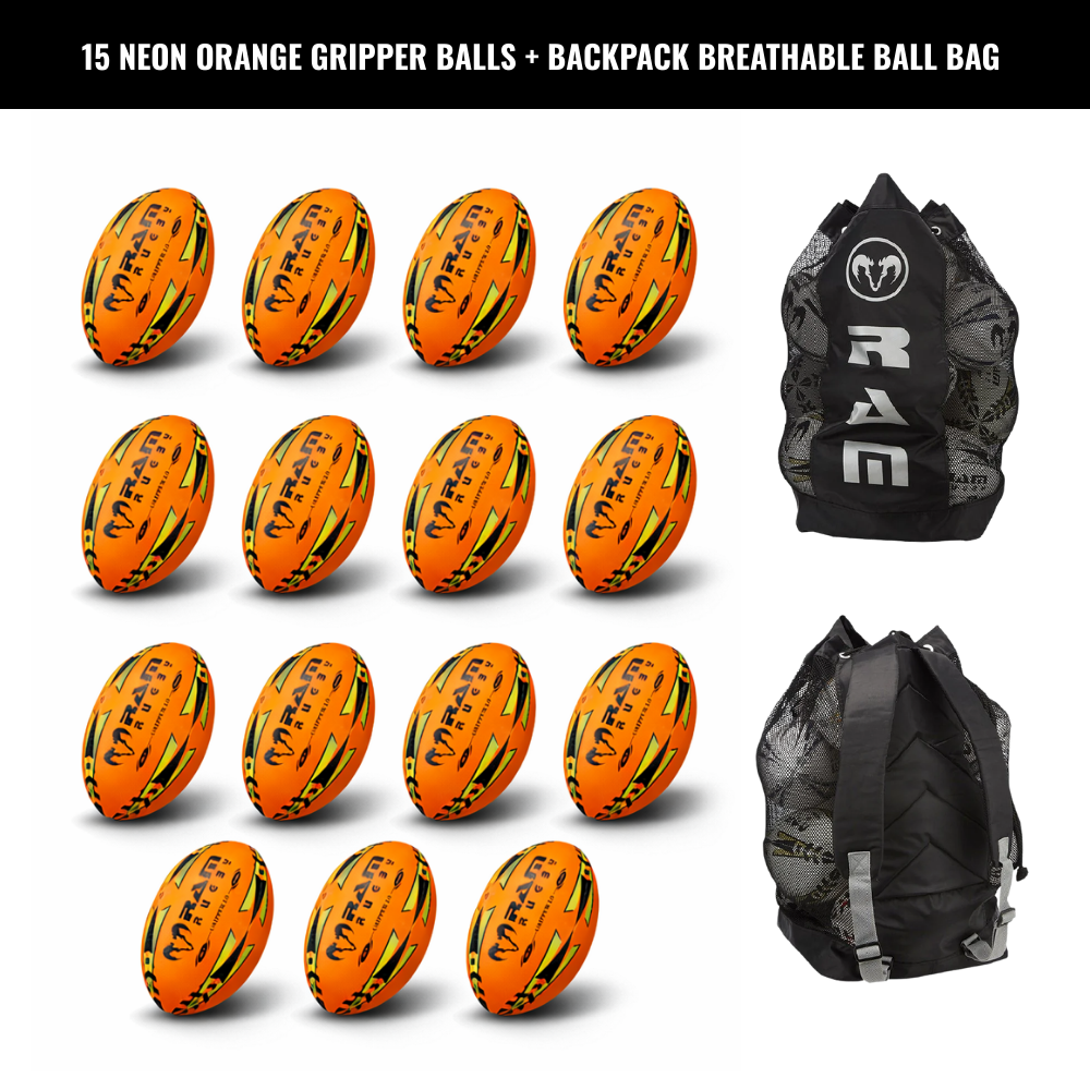 Ram Rugby Gripper 2.0 Pro Trainer Neon Ball Bundle 15 Bälle mit 1 Tasche