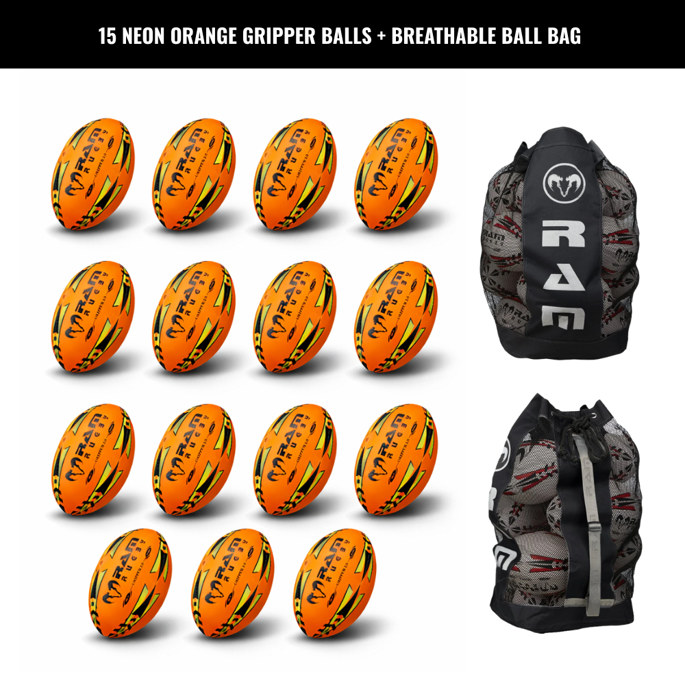 Ram Rugby Gripper 2.0 Pro Trainer Neon Ball Bundle 15 Bälle mit 1 Tasche