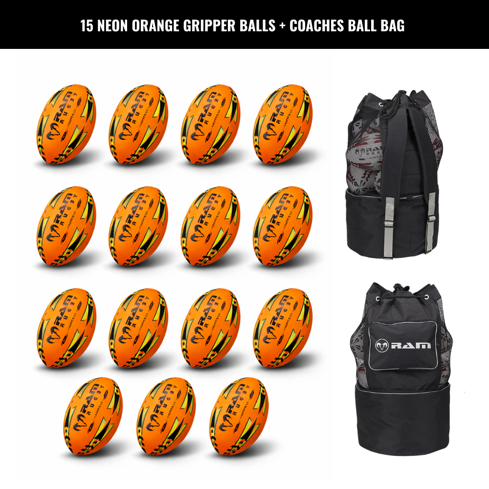 Ram Rugby Gripper 2.0 Pro Trainer Neon Ball Bundle 15 Bälle mit 1 Tasche