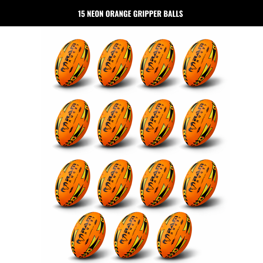 Ram Rugby Gripper 2.0 Pro Trainer Neon Ball Bundle 15 Bälle mit 1 Tasche