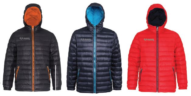 Ram Rugby lightweight padded gilet jacket with attached hood, navy nylon exterior and red contrast lining, standard fit