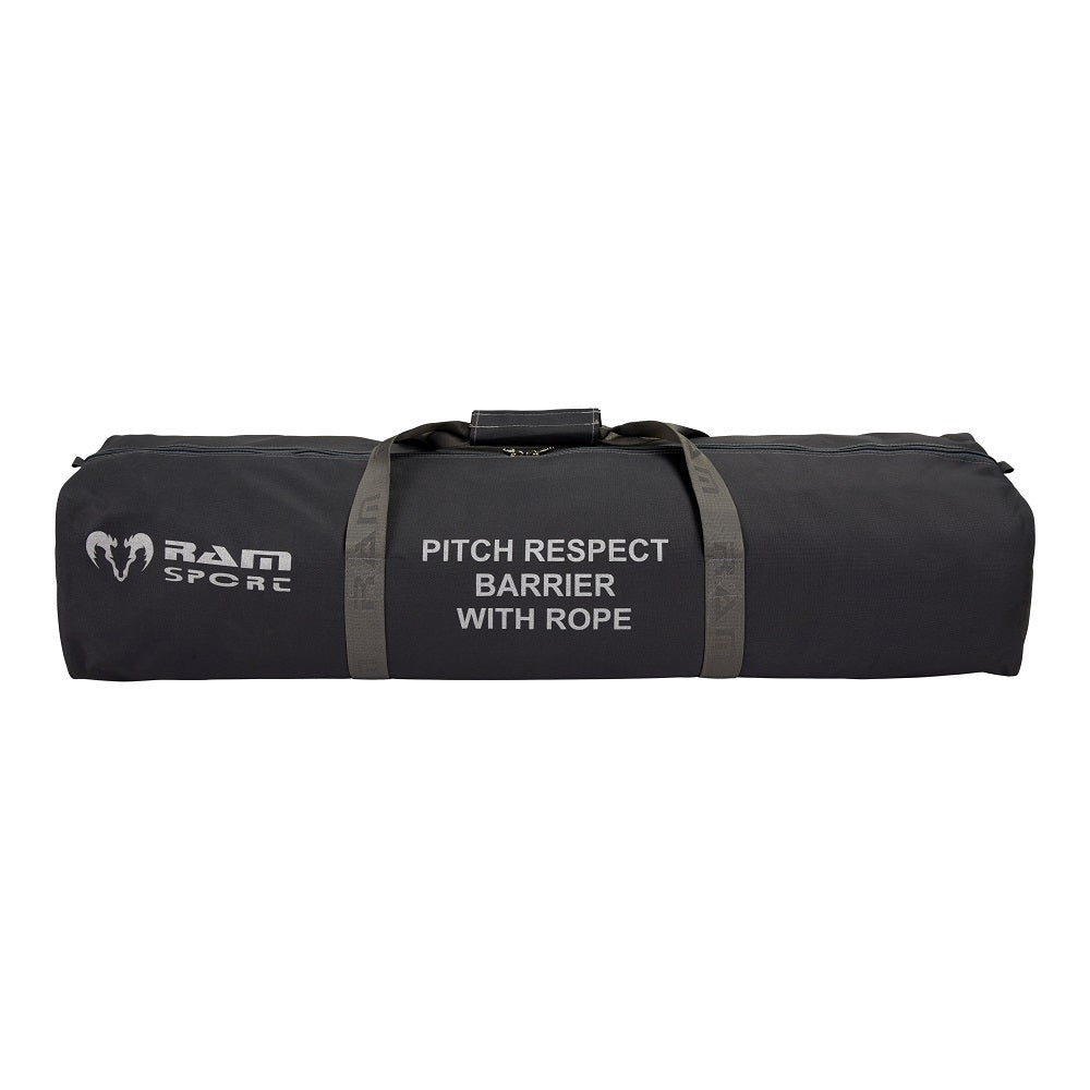 Ram Rugby Portable Pitch Respect Barriers showing seven metal spike poles set up with durable 60m orange barrier rope