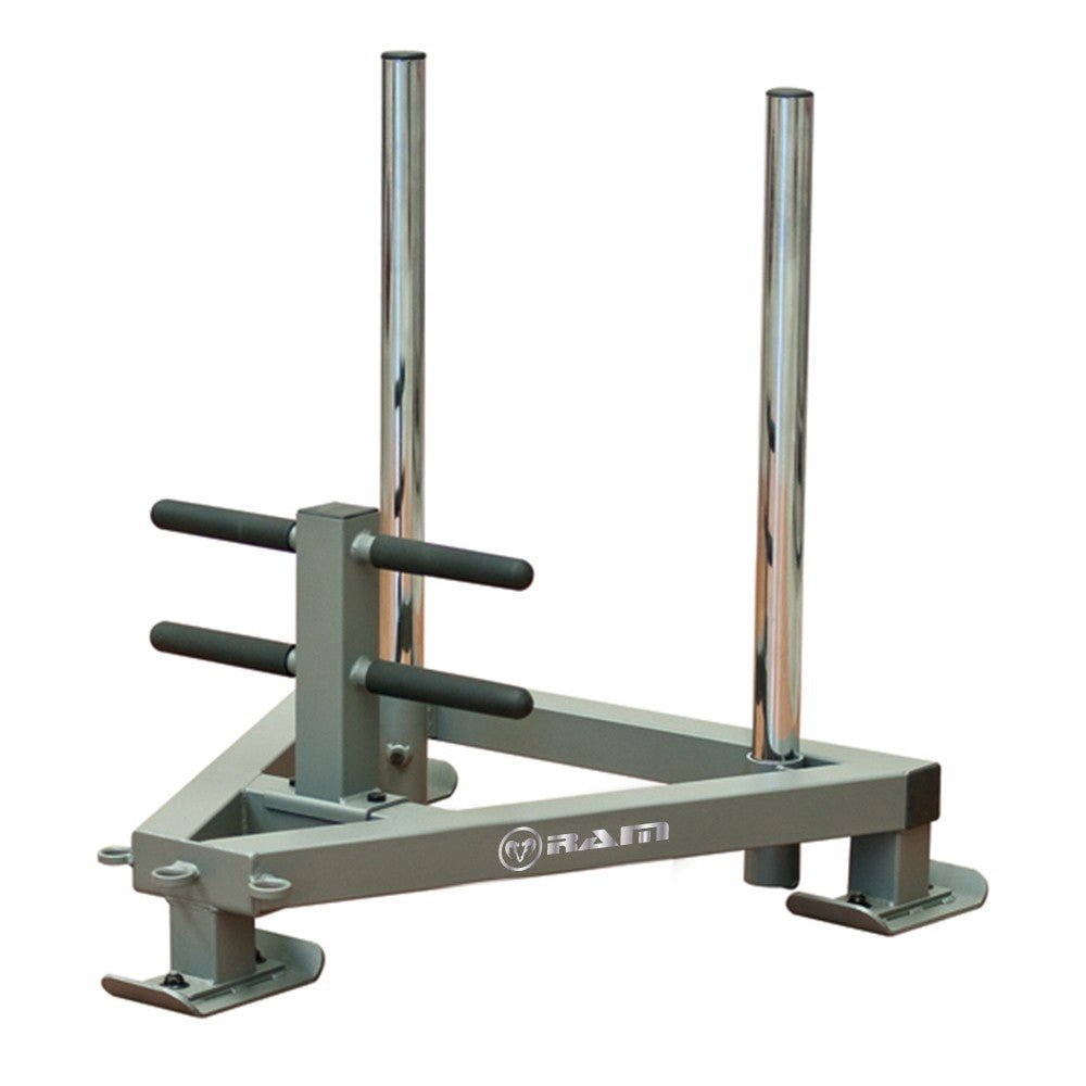 Ram Rugby Power Sled and Harness set in black and red, designed for indoor resistance training to boost athletic performance