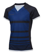Ram Rugby Premier Sublimated slim fit rugby shirt in blue with breathable textured fabric and four-way stretch raglan sleeves