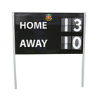 Ram Rugby Premier Scoreboard close-up showing durable timber frame with flip numbers in classic black and white design