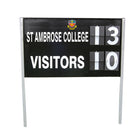Ram Rugby Premier Scoreboard close-up showing durable timber frame and large flip numbers for scores up to 99 points