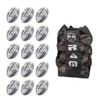 Ram Rugby Raider 2.0 Black Match Ball Bundle showing 15 black size 5 rugby balls neatly arranged with a breathable storage bag