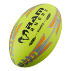 Ram Rugby Raider 2.0 Neon Match Ball in bright neon yellow with integrated valve for enhanced flight stability and grip