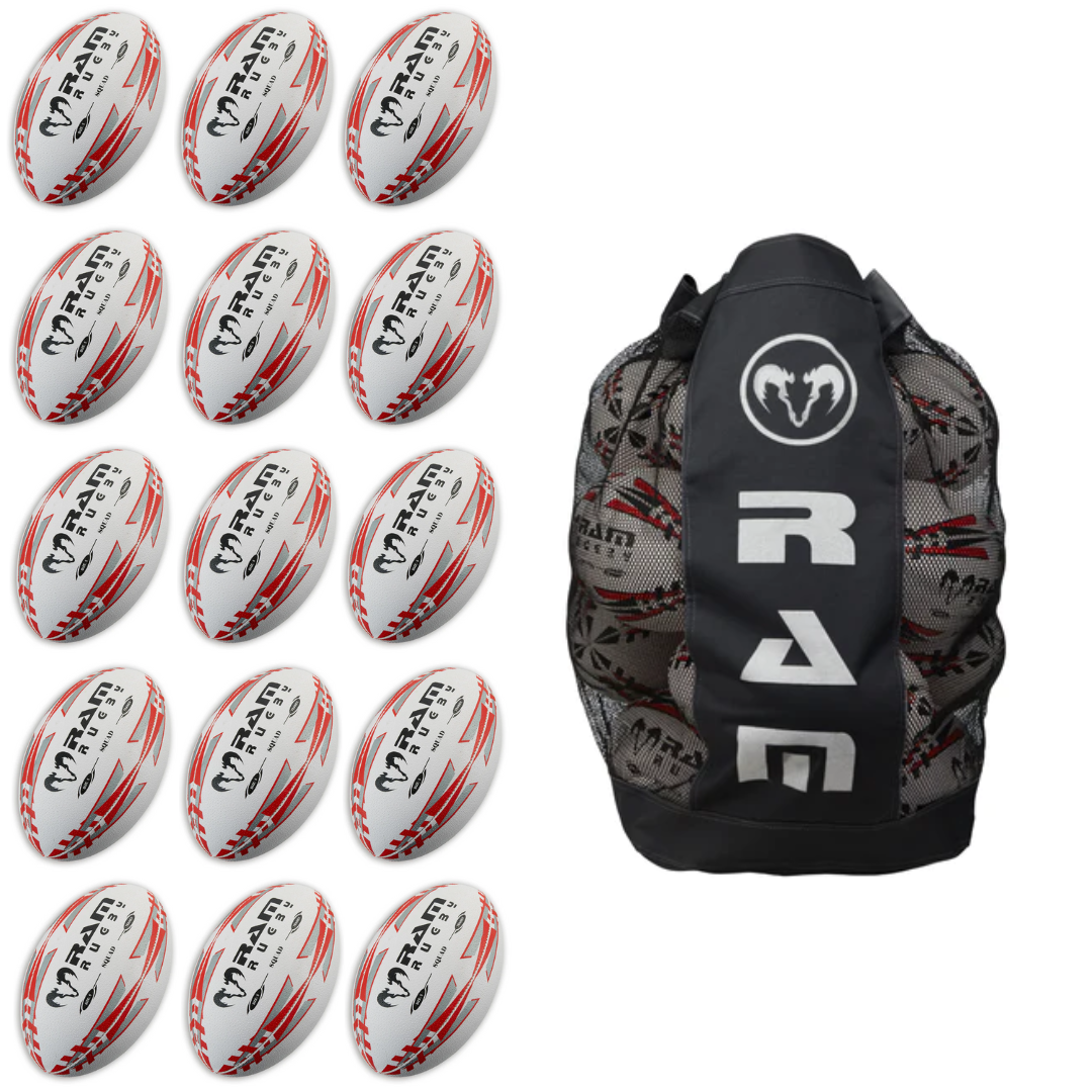 Ram Rugby Squad Trainer Ball Bundle 15 Bälle mit atmungsaktivem Sack