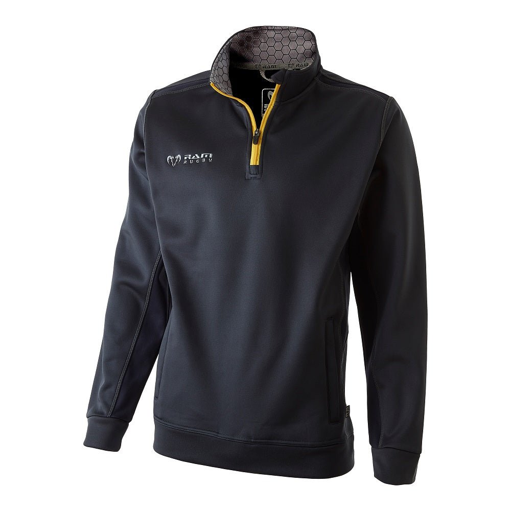 Black Ram Rugby Midlayer Blast Fleece 360gsm polyester top with high collar, standard fit, ideal for sportswear layering