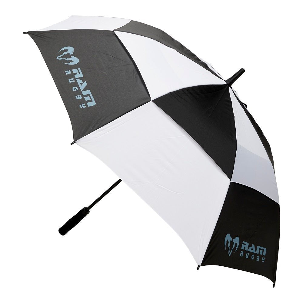 Ram Rugby Premium Large Umbrella with 135cm diameter, vented fiberglass frame, black canopy, and rubber chevron grip handle