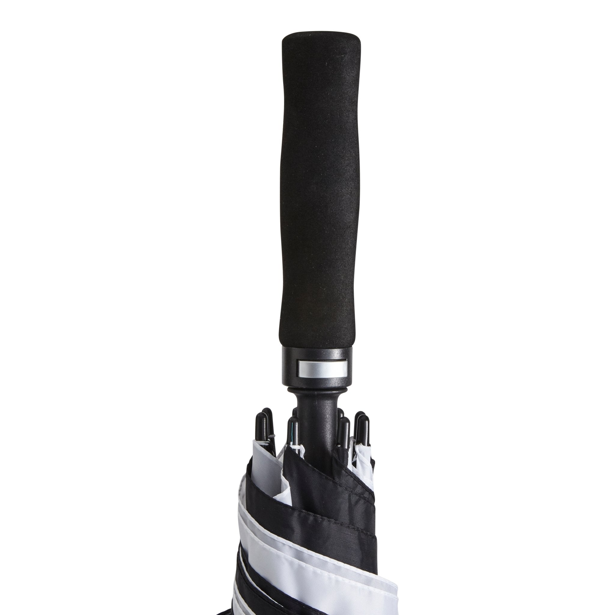 Ram Rugby Premium large umbrella open showing black vented canopy, 8 panels, fiberglass frame, rubber chevron grip handle