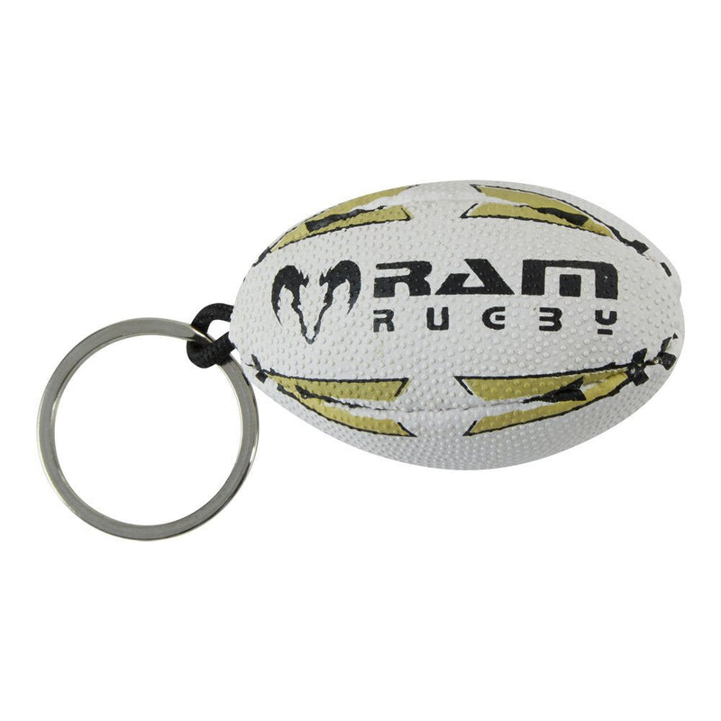 Ram Rugby rubber mini rugby ball keyring in black and gold, 5cm size, durable promotional gift for rugby fans.