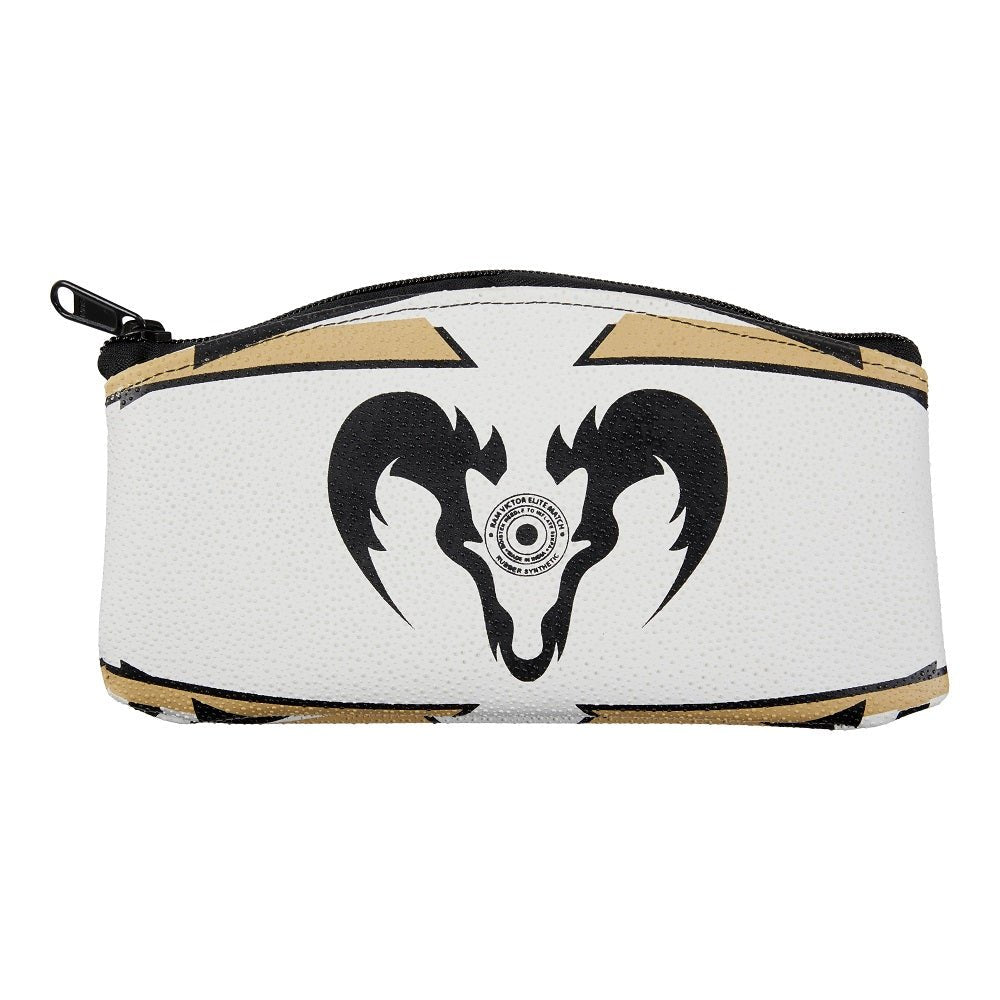 Ram Rugby rugby ball pencil case showing authentic textured rubber grip and secure zipper closure in black and white design
