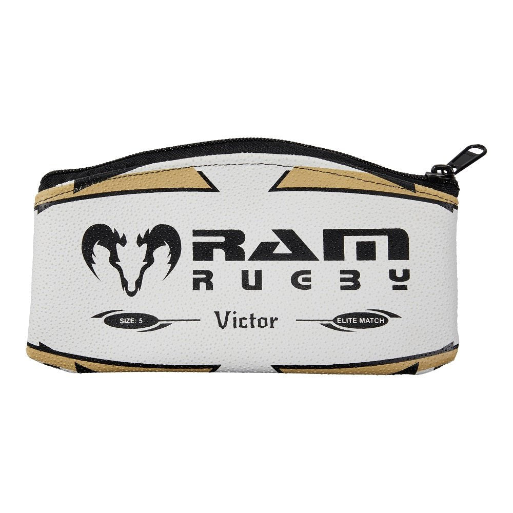 Ram Rugby pencil case shaped like an authentic rugby ball with rubber grip texture and secure zipper closure.