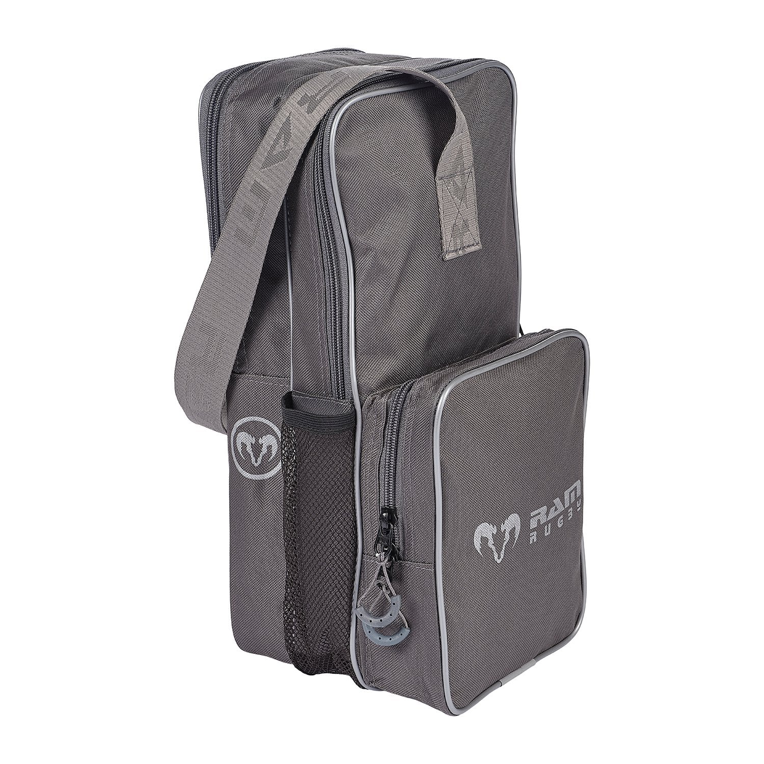 Ram Rugby grey double compartment rugby boot bag made from durable Tetron with zipped pockets for organized kit storage