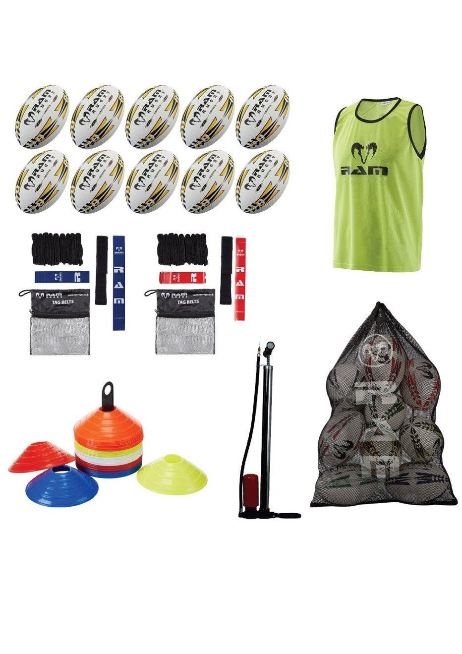 Ram Rugby Starter Coaching Bundle with training balls, mesh bibs, tag belts, grid cones, ball pump, and mesh bag for rugby training