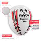Ram Rugby Skills Ball Bundle showing five red Size 5 Gripper 2.0 balls with kicking tee and breathable backpack bag.