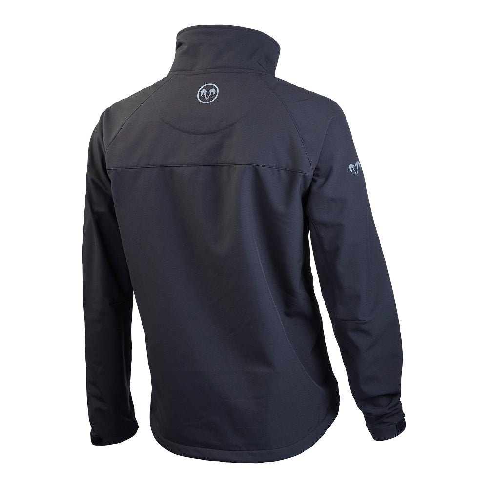 Ram Rugby custom softshell jacket in black, breathable waterproof fabric with high collar, full zip, and multiple pockets