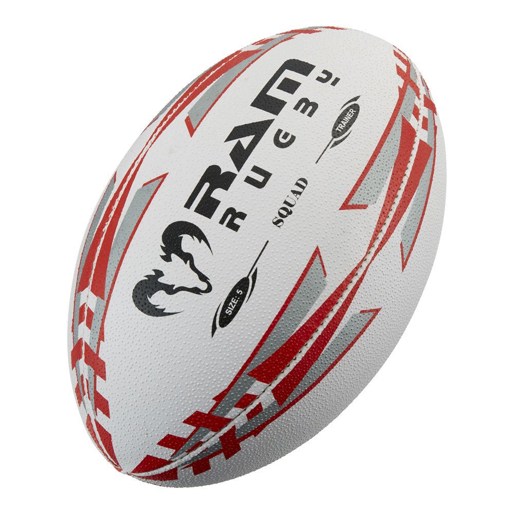 Ram Rugby Squad Trainer Ball Bundle showing 30 size 5 rugby balls and 2 black breathable storage bags for training use